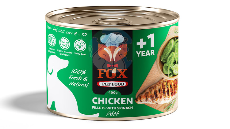 خرید کنسرو سگ فاکس طعم مرغ و اسفناج 500 گرم